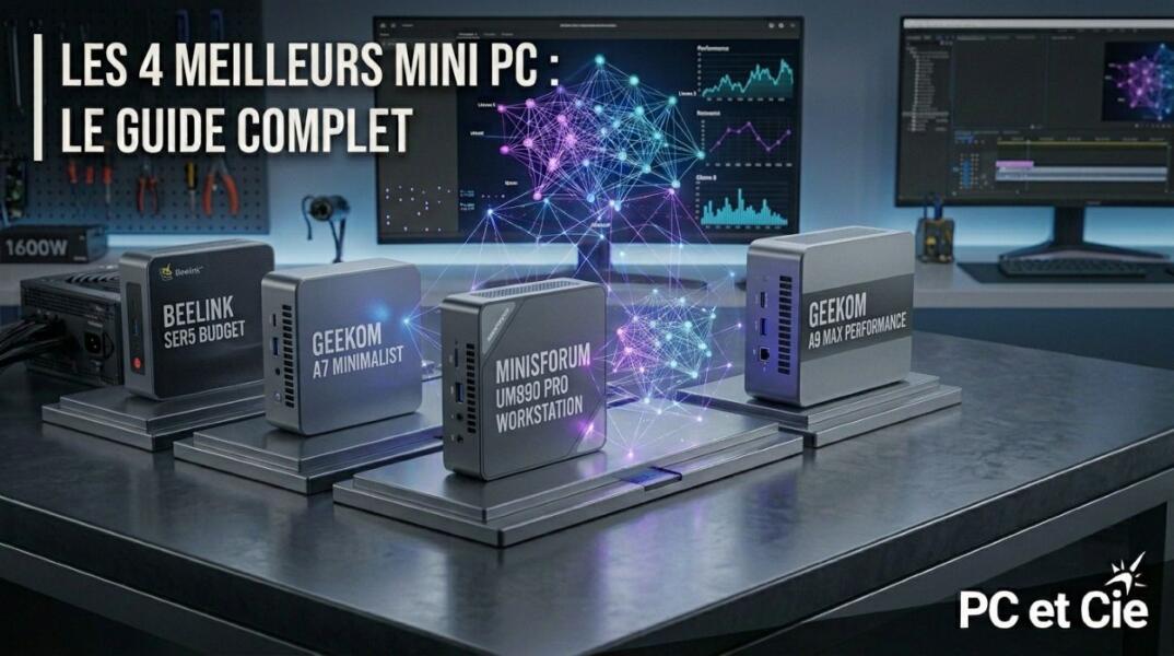 Comparatif des meilleurs mini PC 2026 Geekom, Minisforum et Beelink sur un bureau - Guide PC et Cie