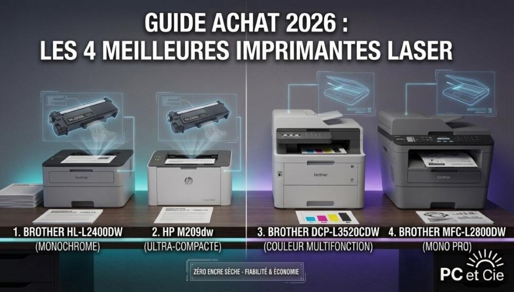Comparatif des meilleures imprimantes laser Brother et HP disposées sur un établi de test PC et Cie