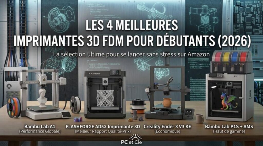 Comparatif de 4 imprimantes 3D FDM pour débutants alignées sur un bureau.